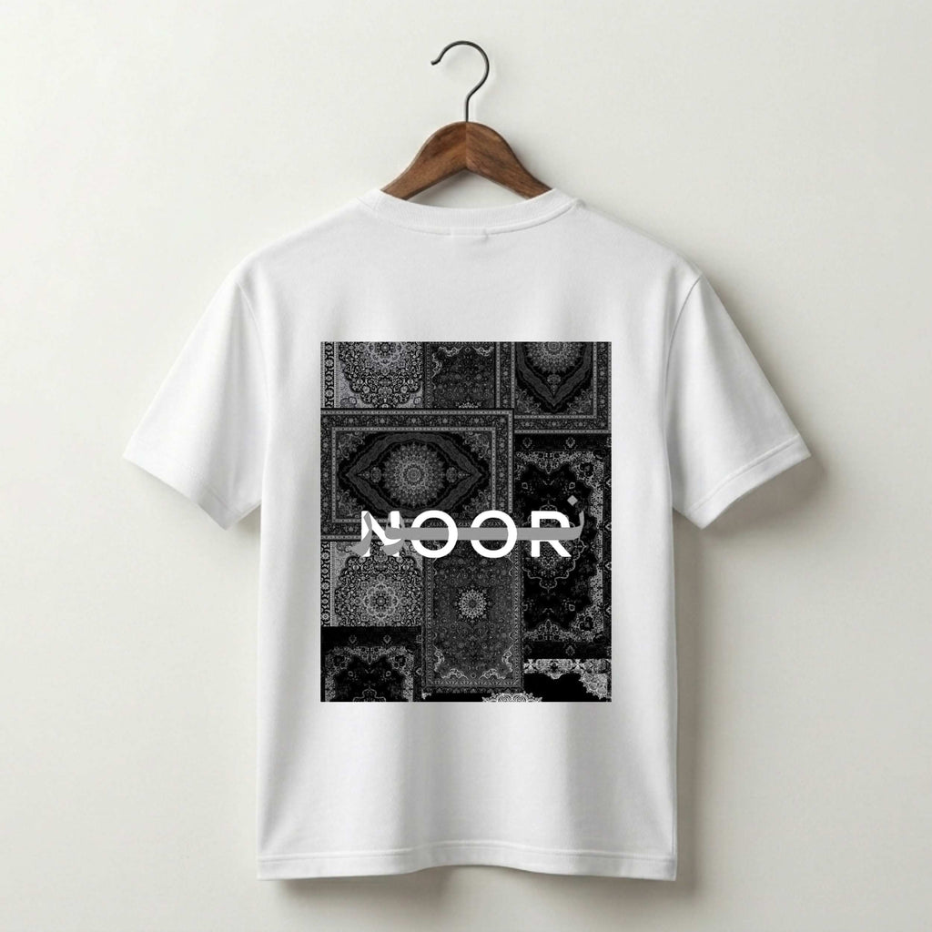 Noor Arabic Calligraphy T-Shirt – Black Patchwork Persian Carpet Islamic Design