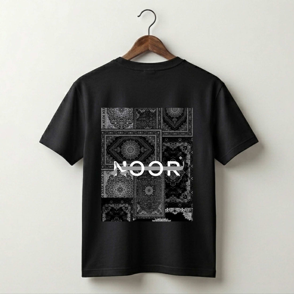 Noor Arabic Calligraphy T-Shirt – Black Patchwork Persian Carpet Islamic Design